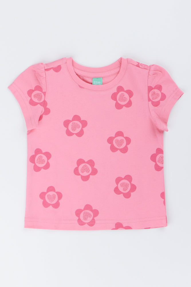 Pink Glitter Flower Puff Sleeve T-Shirt