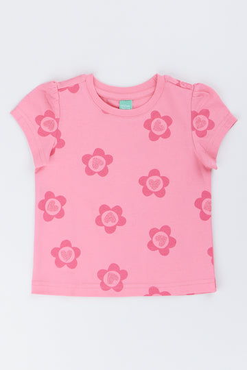 Pink Glitter Flower Puff Sleeve T-Shirt
