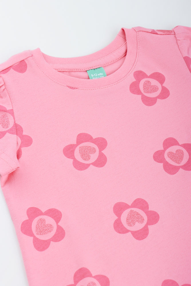 Pink Glitter Flower Puff Sleeve T-Shirt (1)