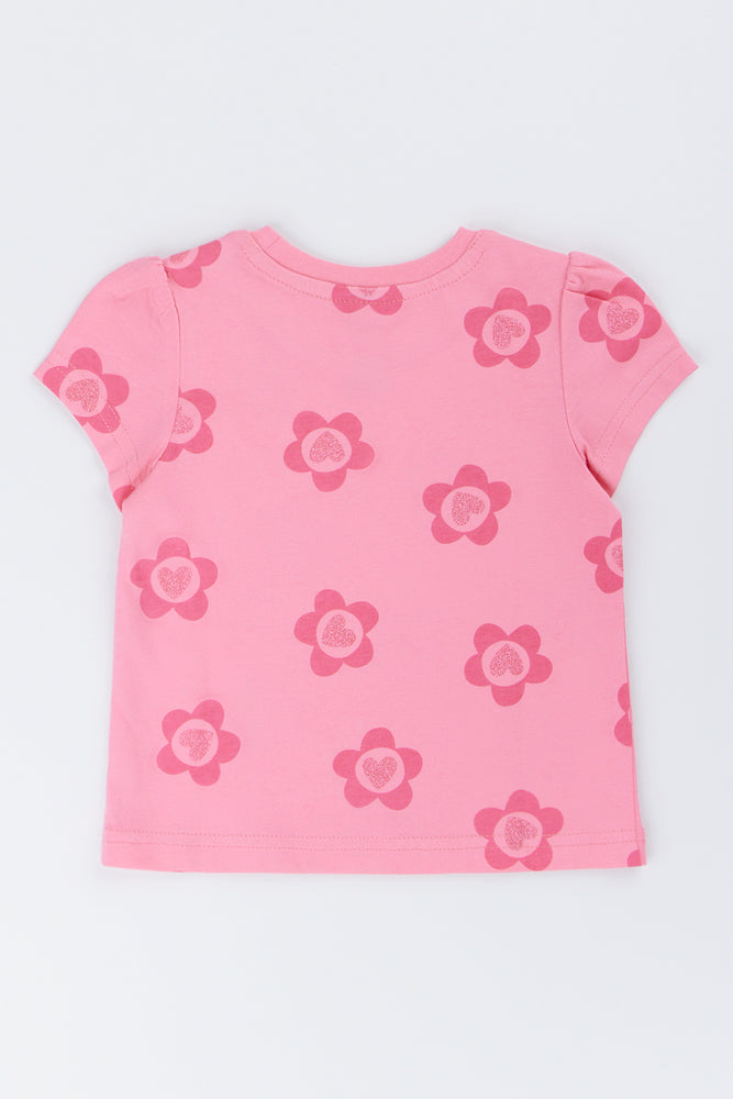 Pink Glitter Flower Puff Sleeve T-Shirt (2)