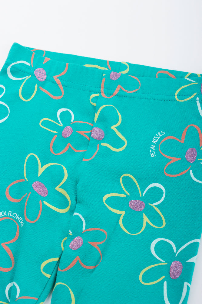 Green Daisy Floral Print Leggings (1)