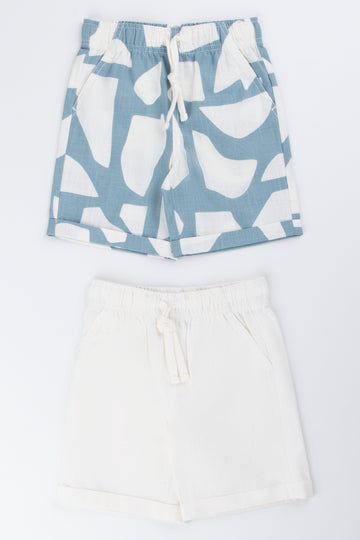 Cream and Blue Printed Shorts