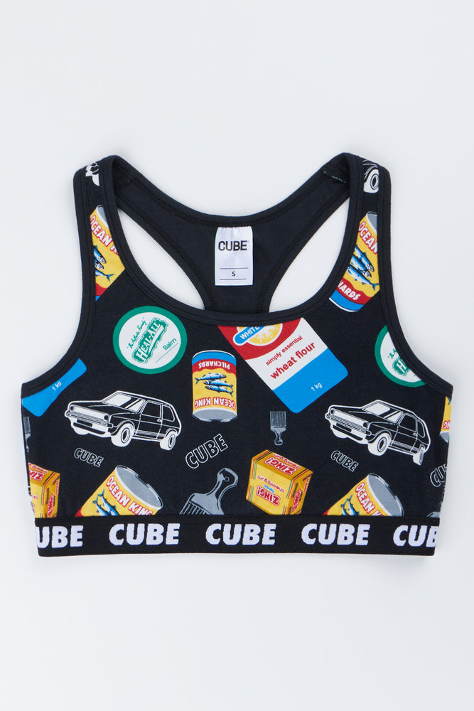 Black Graphic Print Racerback Bralette