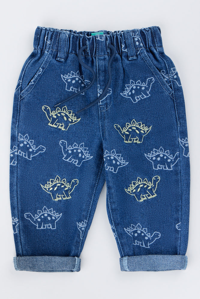 Indigo Dinosaur Print Denim Pants