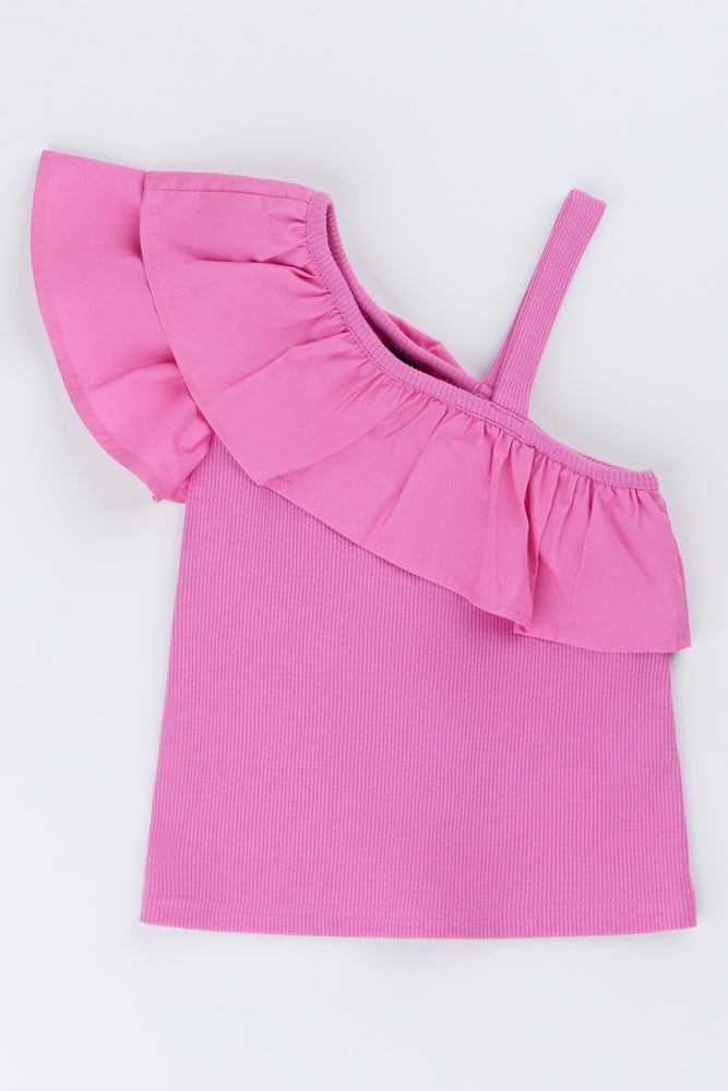 Pink Ribbed One Shoulder Frill Top