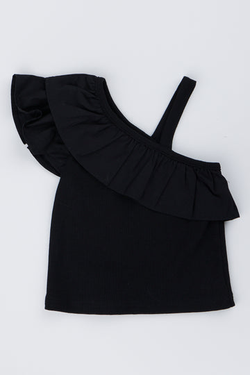 Black Ribbed One Shoulder Frill Top