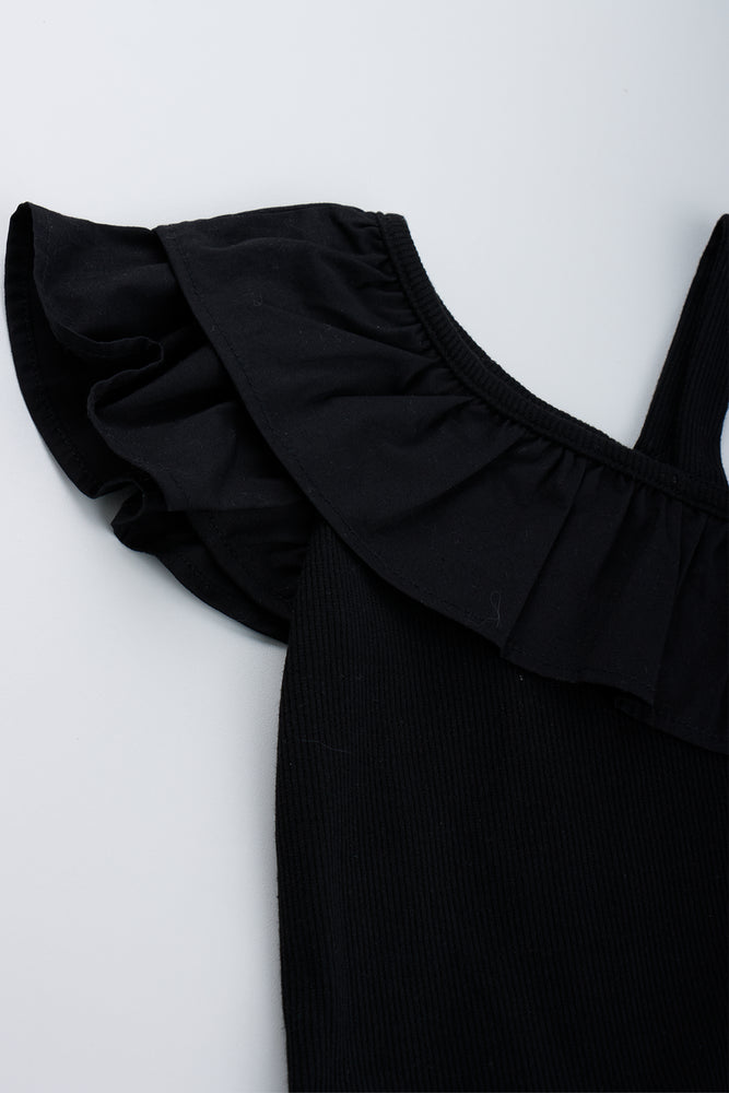 Black Ribbed One Shoulder Frill Top (1)