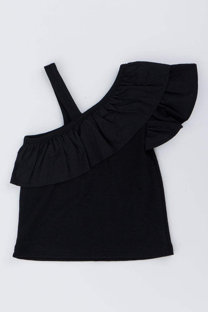 Black Ribbed One Shoulder Frill Top (2)