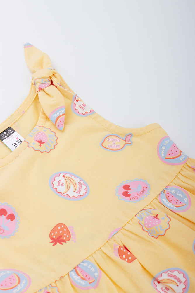 Yellow Fruit Print Shoulder Dress (1)