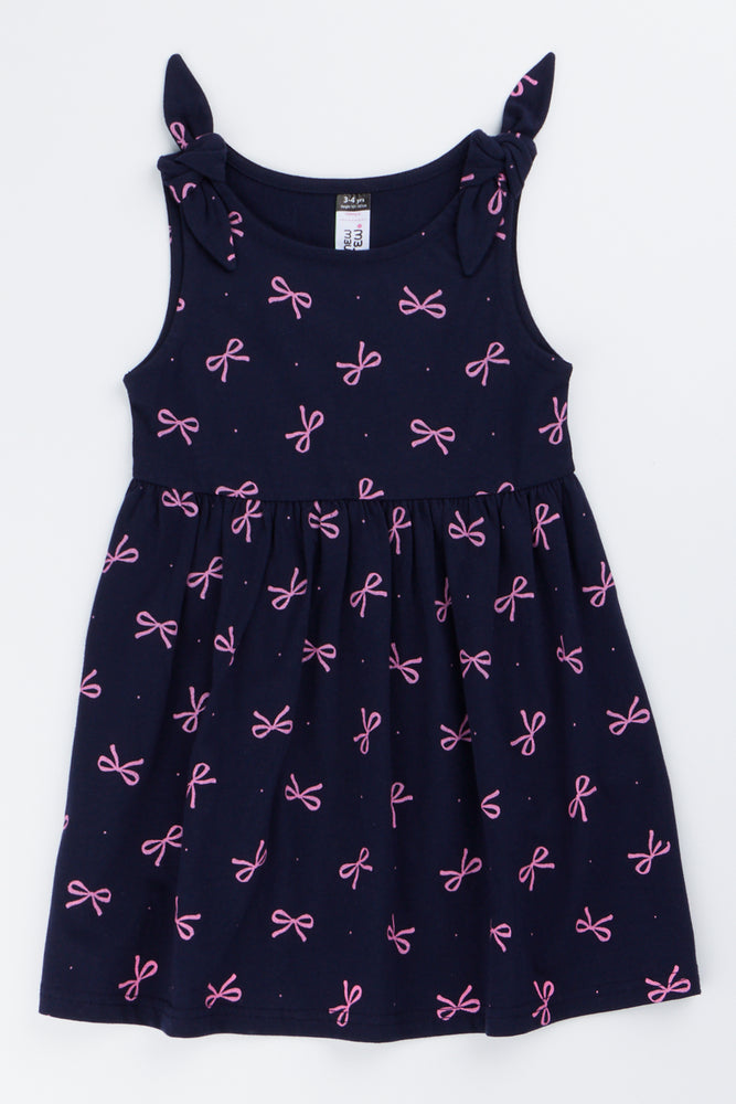 Navy Bow Print Sleeveless Dress