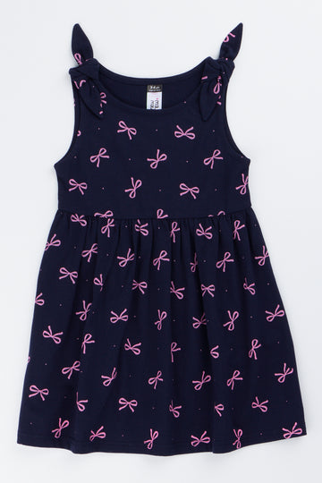 Navy Bow Print Sleeveless Dress
