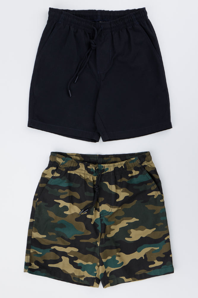 Woven Camo And Black Shorts 2 Pack