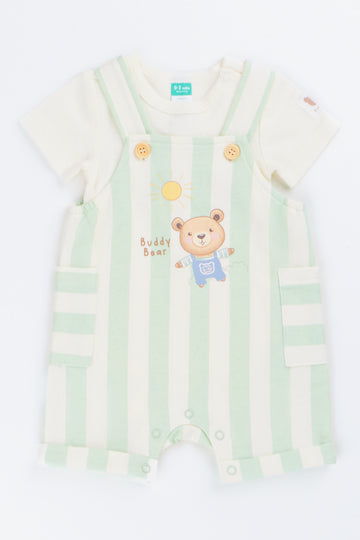 Sage Buddy Bear Striped Dungaree Set