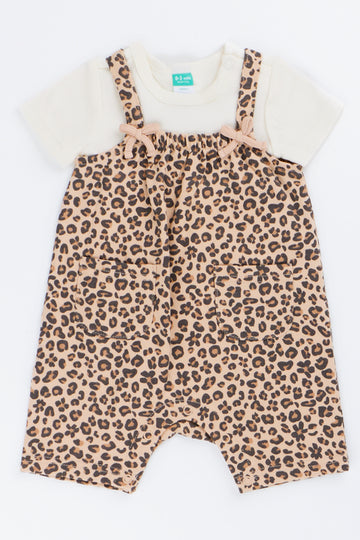 White Leopard Print Dungaree Set