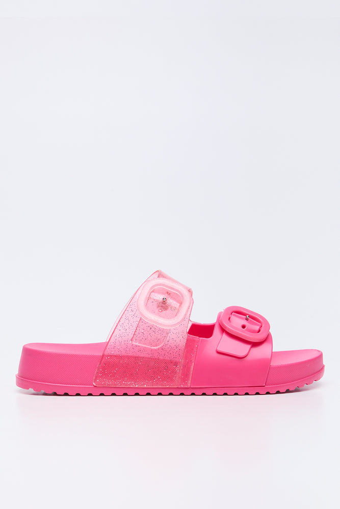 Pink Glitter Buckle Jelly Slides (1)