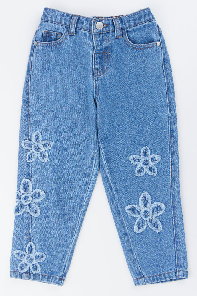 Blue Denim Flower Embroidered Jeans
