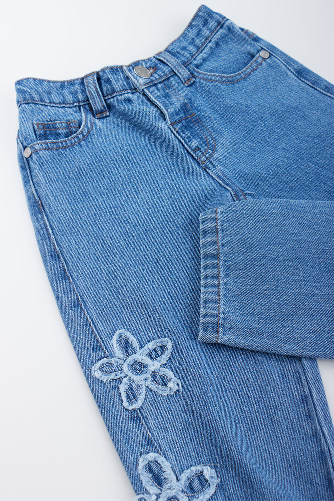 Blue Denim Flower Embroidered Jeans (1)