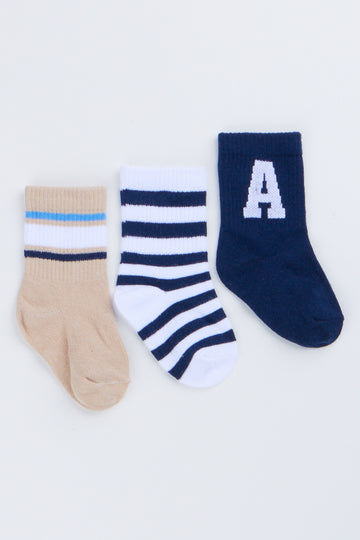 3 Pack Striped And Letter Socks