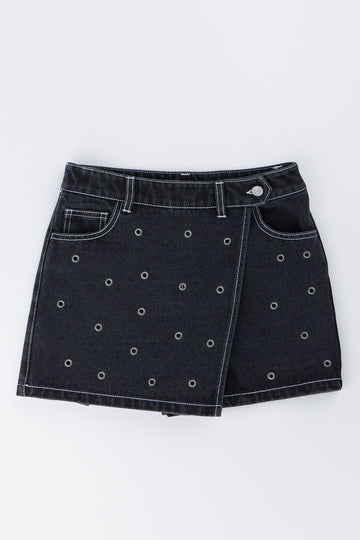 Black Denim Eyelet Detail Skort