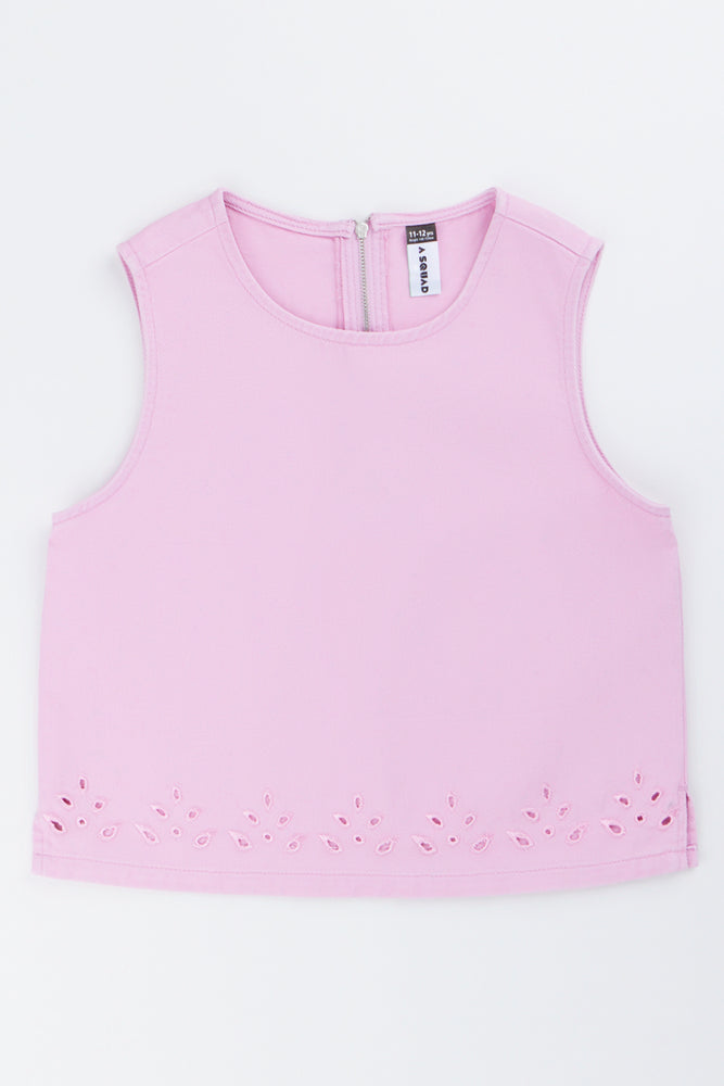 Pink Embroidered Denim Shell Top