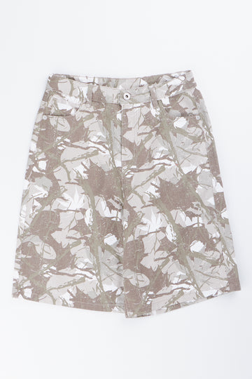 Taupe Leaf Print Denim Jorts