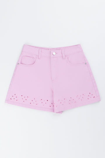 Pink Embroidered Denim Shorts