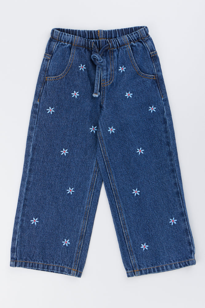 Blue Daisy Embroidered Wideleg Jeans
