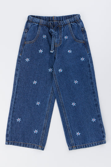 Blue Daisy Embroidered Wideleg Jeans