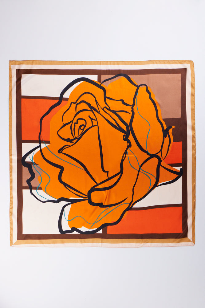 Orange Abstract Rose Print Satin Scarf (1)