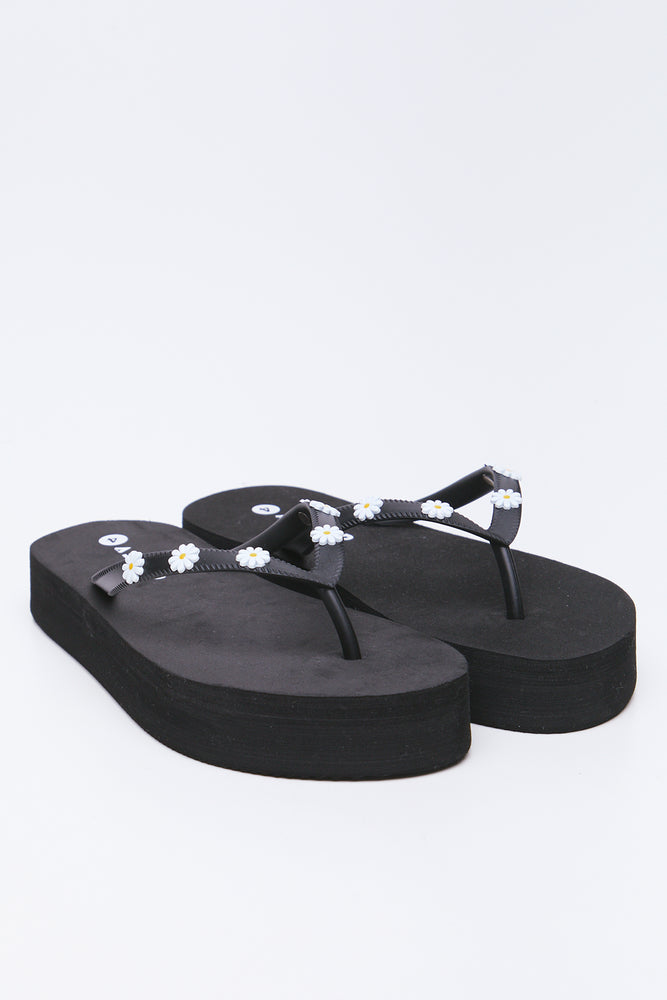 Black Embellished Platform Flip Flops