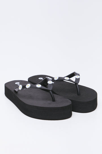 Black Embellished Platform Flip Flops