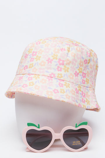 Yellow Floral Bucket Hat Sunglasses Set