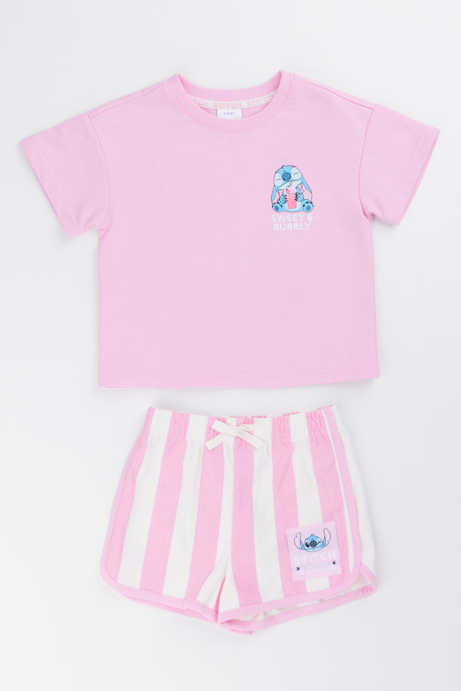 Pink Stitch Graphic Shorts Set