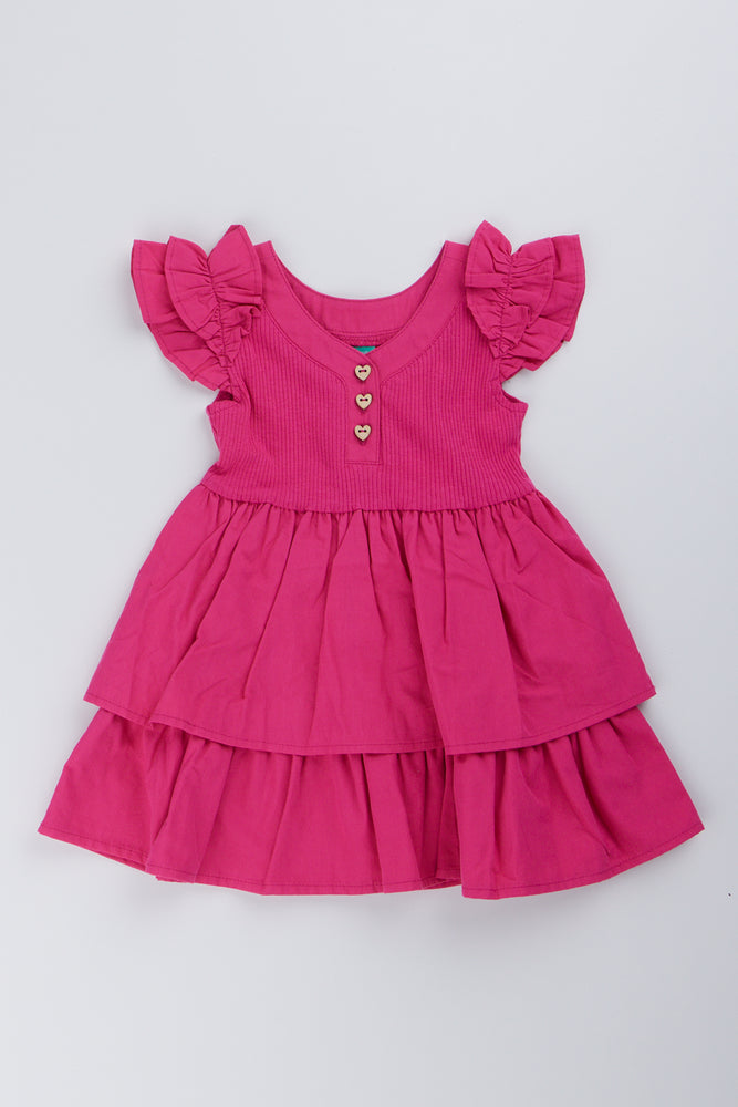 Pink Ribbed Frill Sleeve Dress