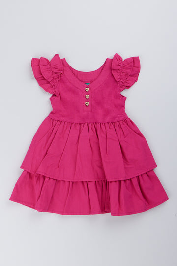 Pink Ribbed Frill Sleeve Dress