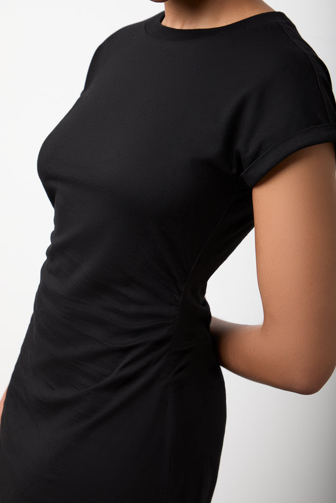 Black Ruched Fit and Flare Dress (3)