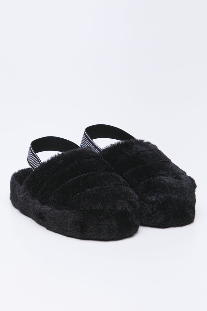 Black Plush Sling Back Slippers