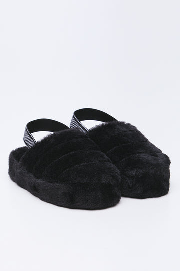 Black Plush Sling Back Slippers