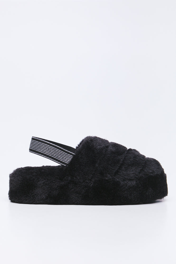 Black Plush Sling Back Slippers (1)