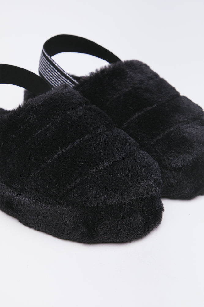 Black Plush Sling Back Slippers (2)