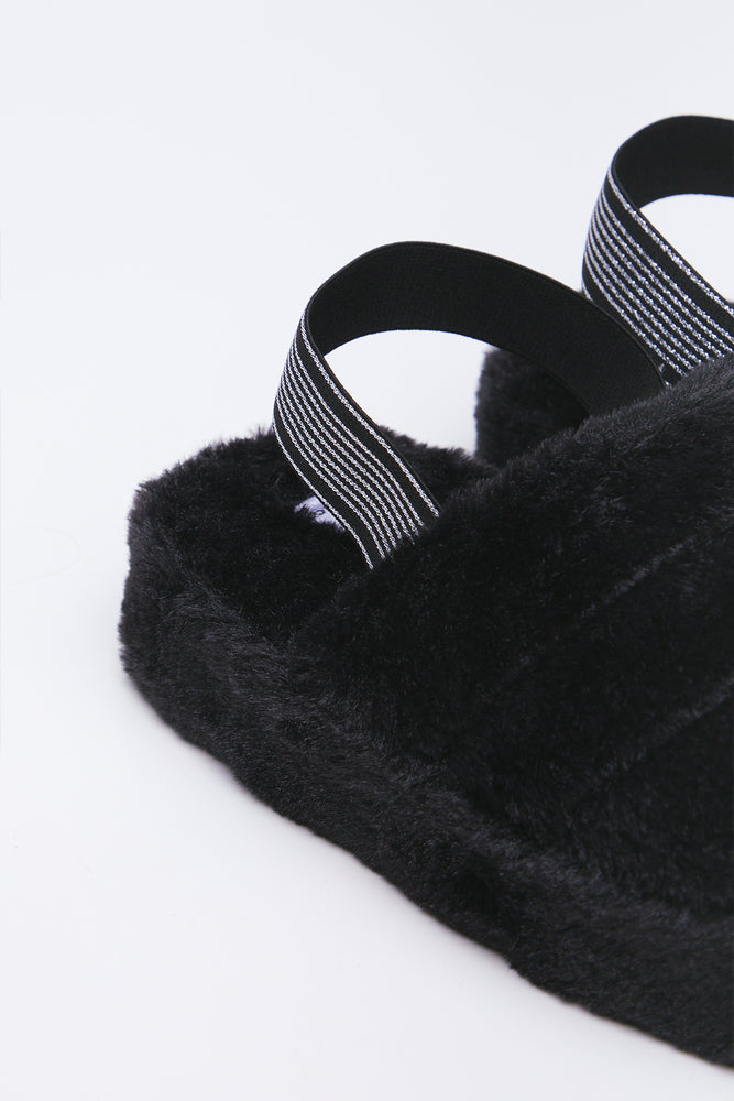 Black Plush Sling Back Slippers (3)