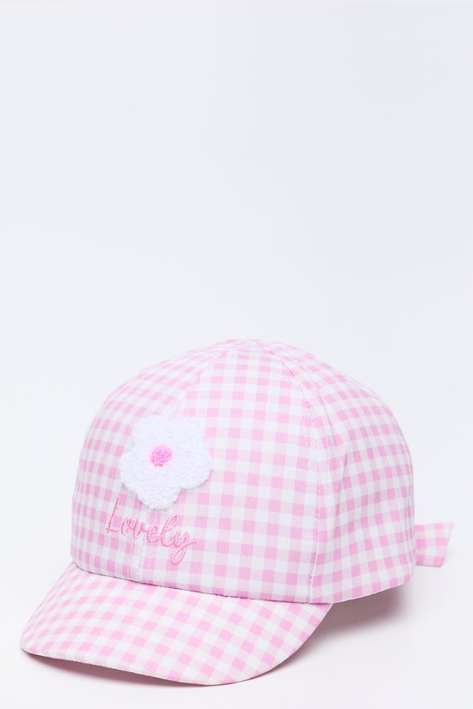 Pink Gingham Flower Peak Cap