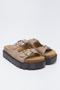Beige Double Buckle Platform Sandals