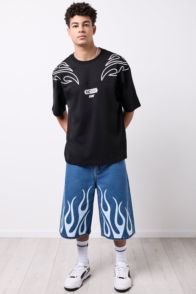 Blue Flame Print Denim Jorts