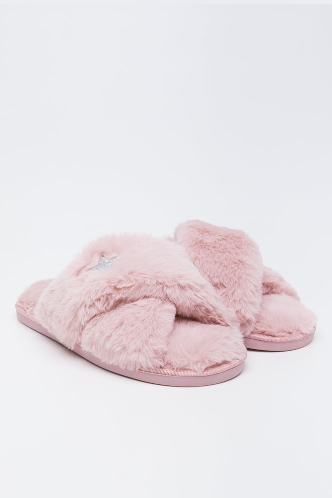 Pink Faux Fur Star Slippers