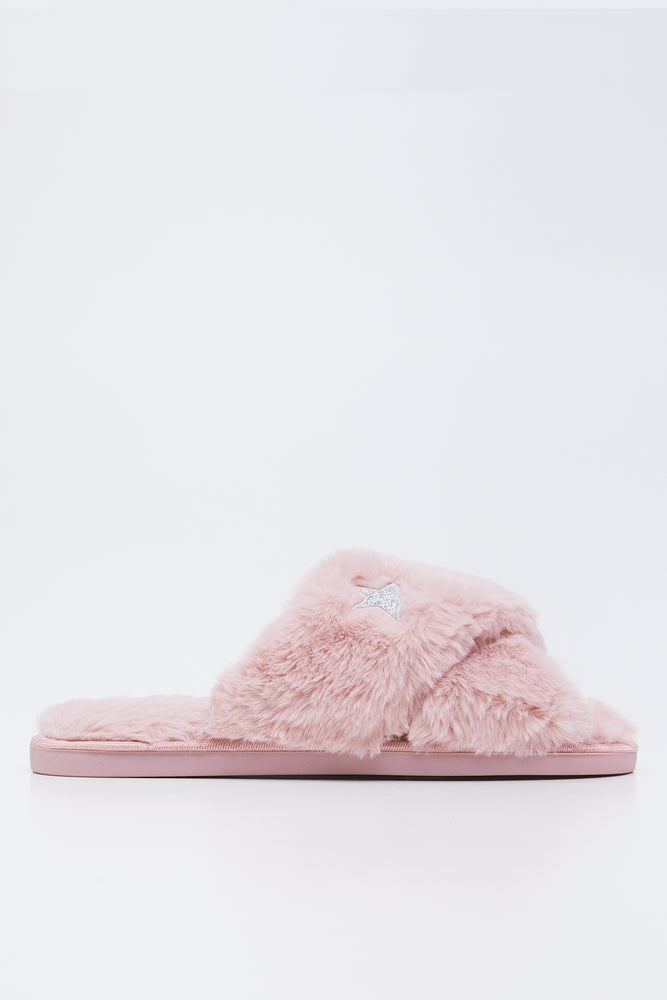 Pink Faux Fur Star Slippers (1)