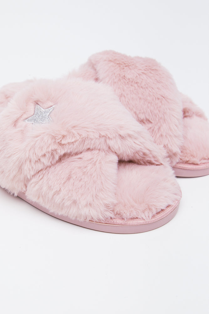 Pink Faux Fur Star Slippers (2)