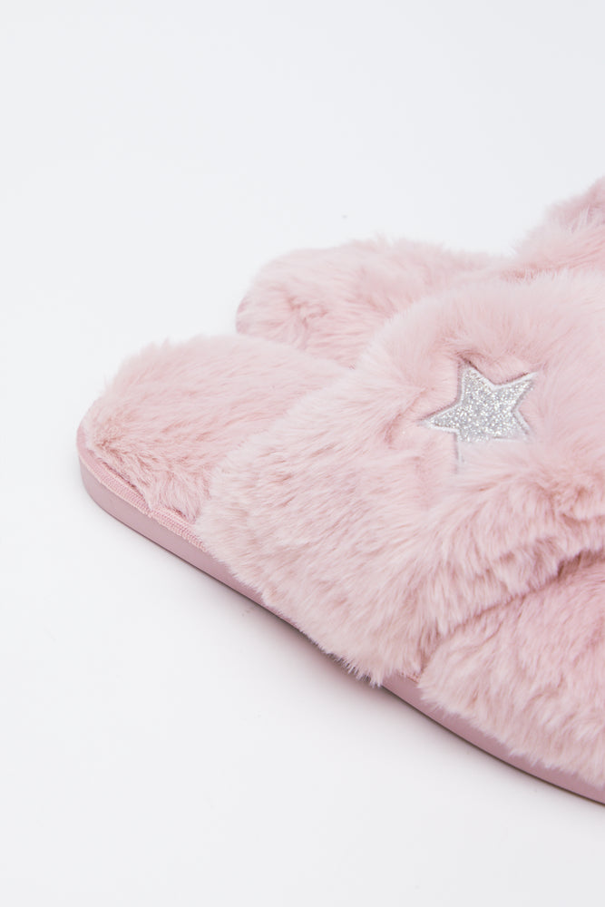 Pink Faux Fur Star Slippers (3)