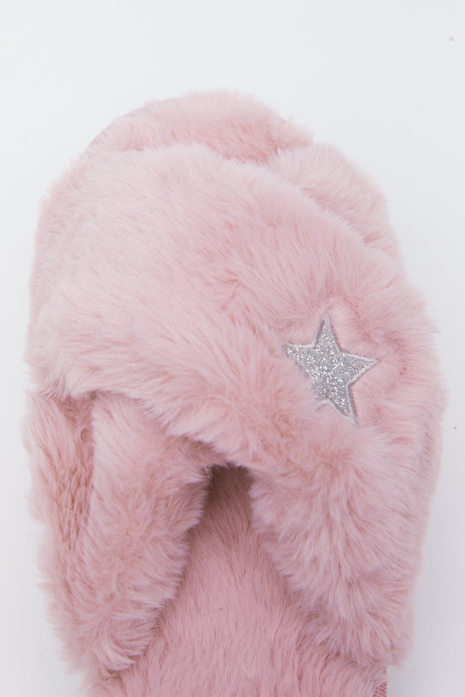 Pink Faux Fur Star Slippers (4)