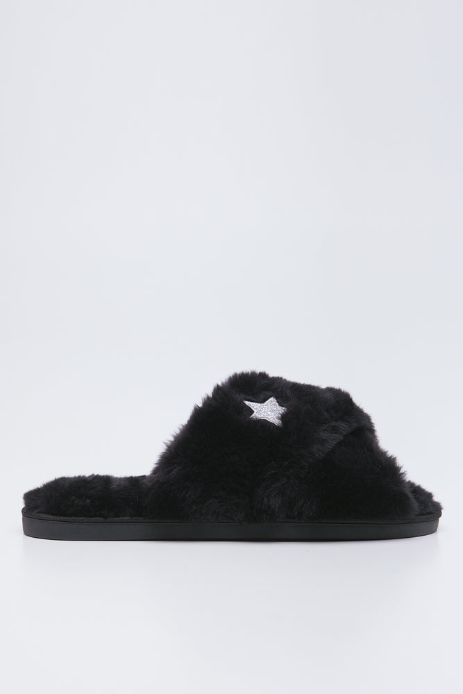 Black Faux Fur Slippers (1)